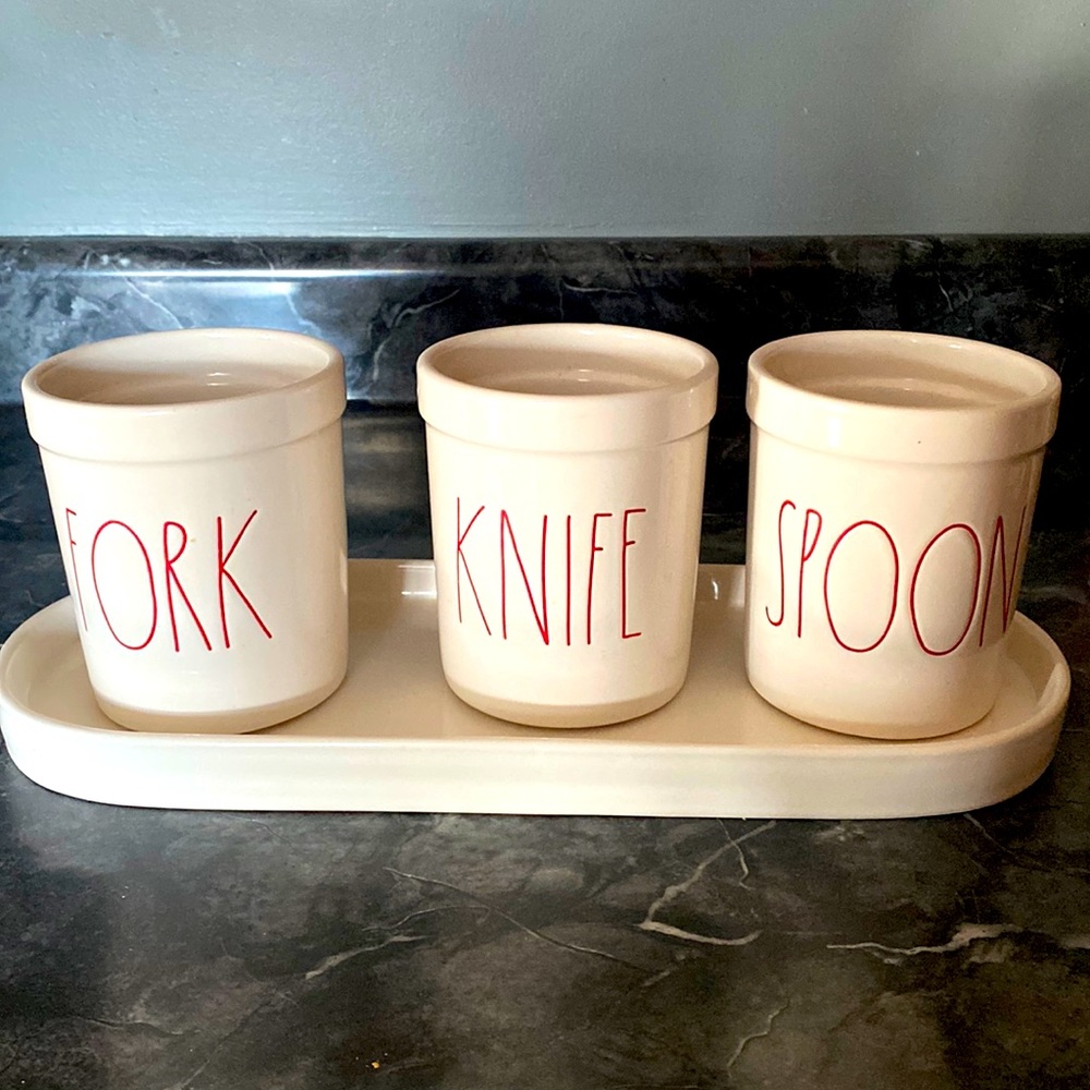 Rae Dunn Magenta Spoon Fork Knife Utensil Holder On Tray 4 Pc Set